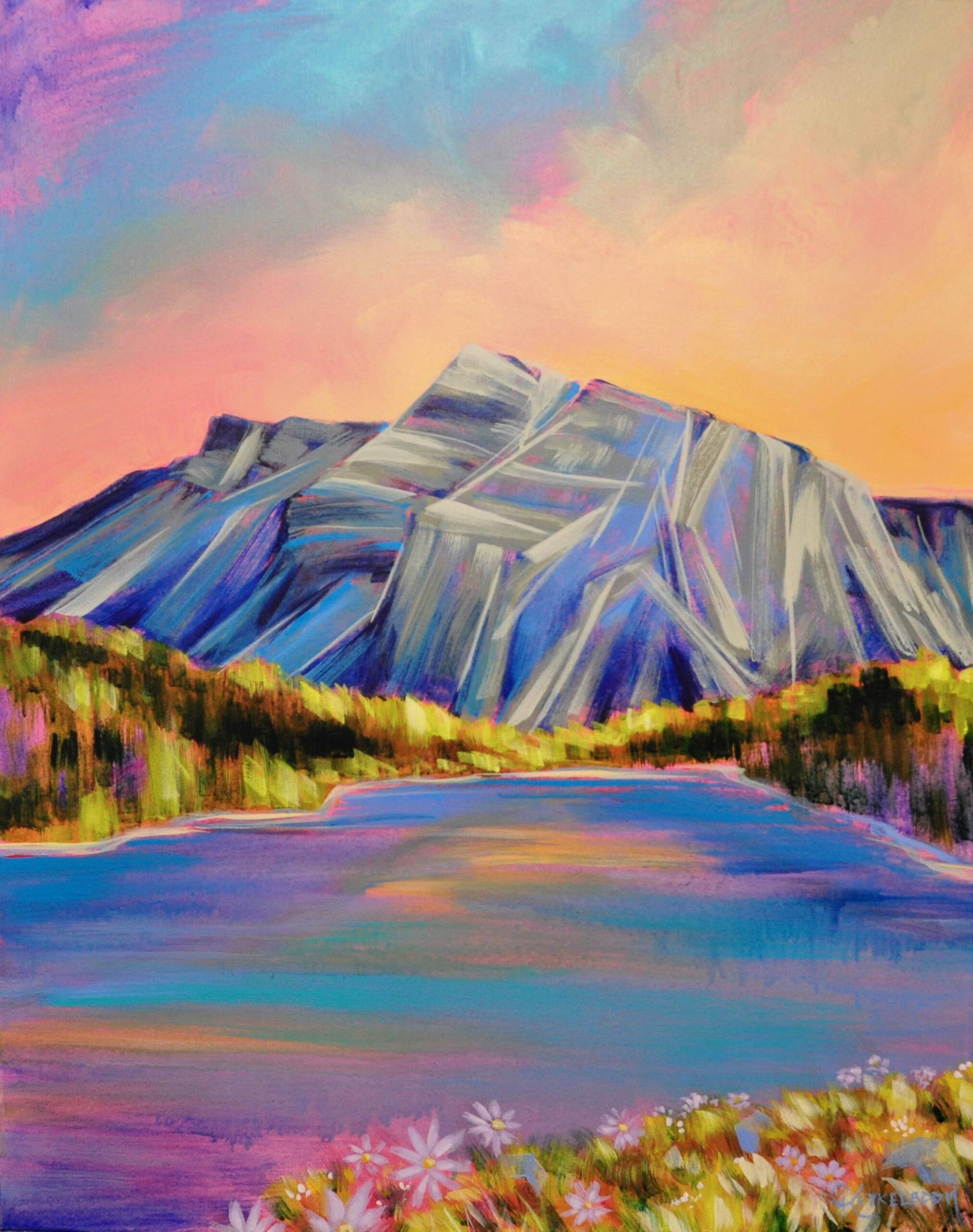 Supernatural Shores of Two Jack, acrylic landscape painting by Kayla Eykelboom | Effusion Art Gallery + Cast Glass Studio, Invermere BC