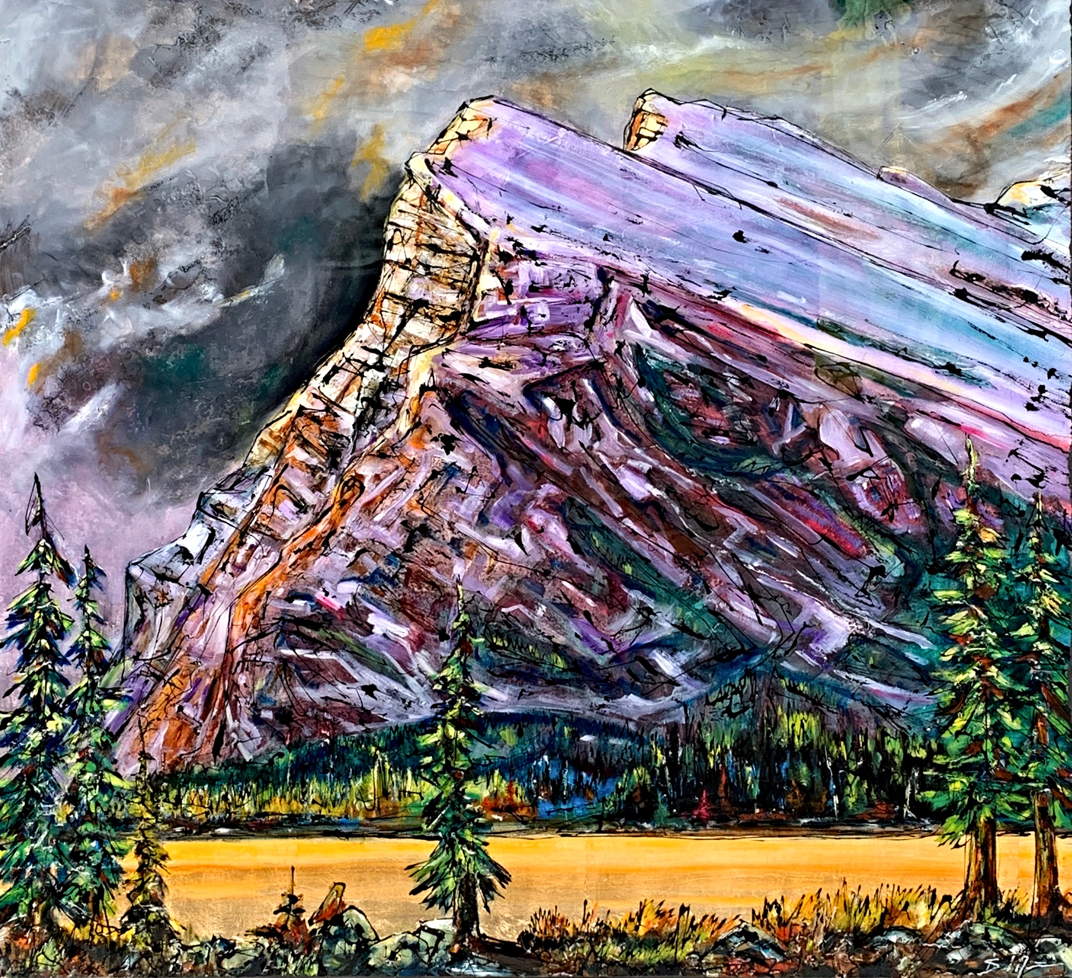 Mount Rundle, mixed media landscape painting by David Zimmerman | Effusion Art Gallery + Cast Glass Studio, Invermere BC