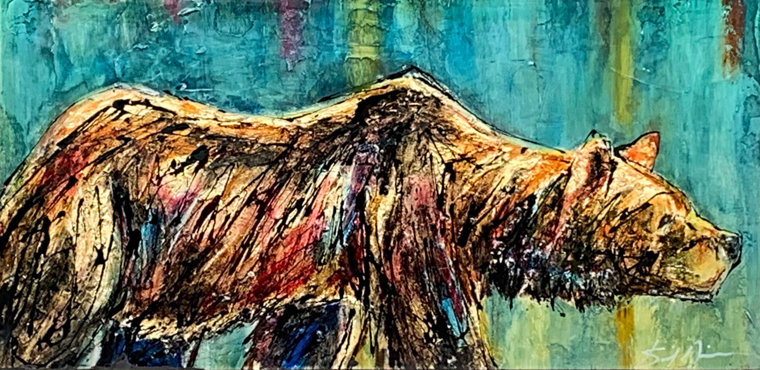 The Slow Walk Out, mixed media bear painting by David Zimmerman | Effusion Art Gallery + Cast Glass Studio, Invermere BC