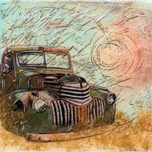Another Morn, mixed media classic car painting by Sonya Iwasiuk | Effusion Art Gallery + Cast Glass Studio, Invermere BC