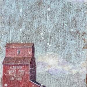 Beautiful Yesterday, mixed media grain elevator painting by Sonya Iwasiuk | Effusion Art Gallery + Cast Glass Studio, Invermere BC