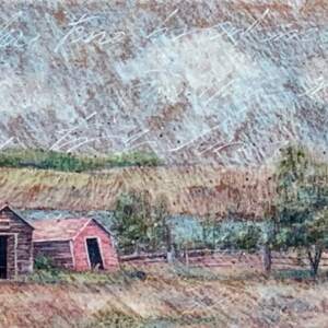 Grazing by the Pond, mixed media farm painting by Sonya Iwasiuk | Effusion Art Gallery + Cast Glass Studio, Invermere BC