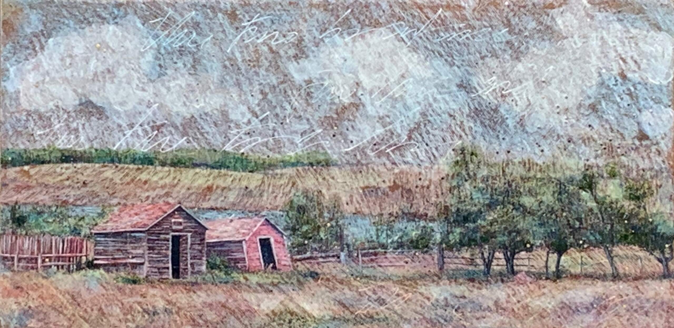 Grazing by the Pond, mixed media farm painting by Sonya Iwasiuk | Effusion Art Gallery + Cast Glass Studio, Invermere BC