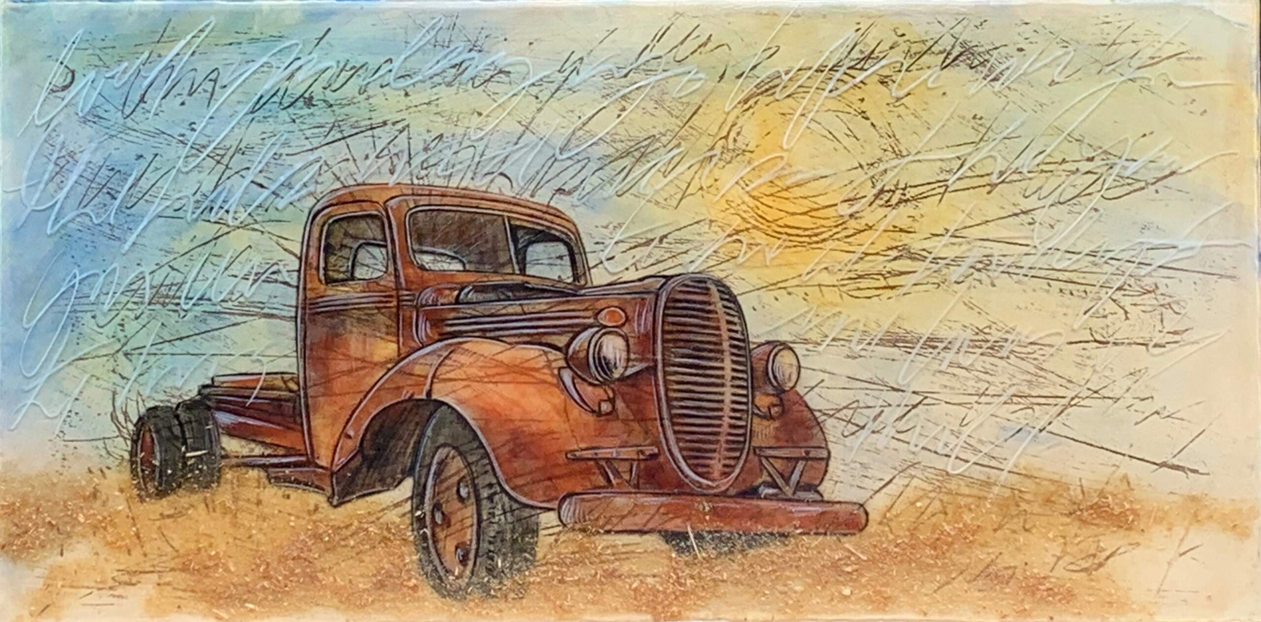 Papa's Joy, mixed media classic car painting by Sonya Iwasiuk | Effusion Art Gallery + Cast Glass Studio, Invermere BC