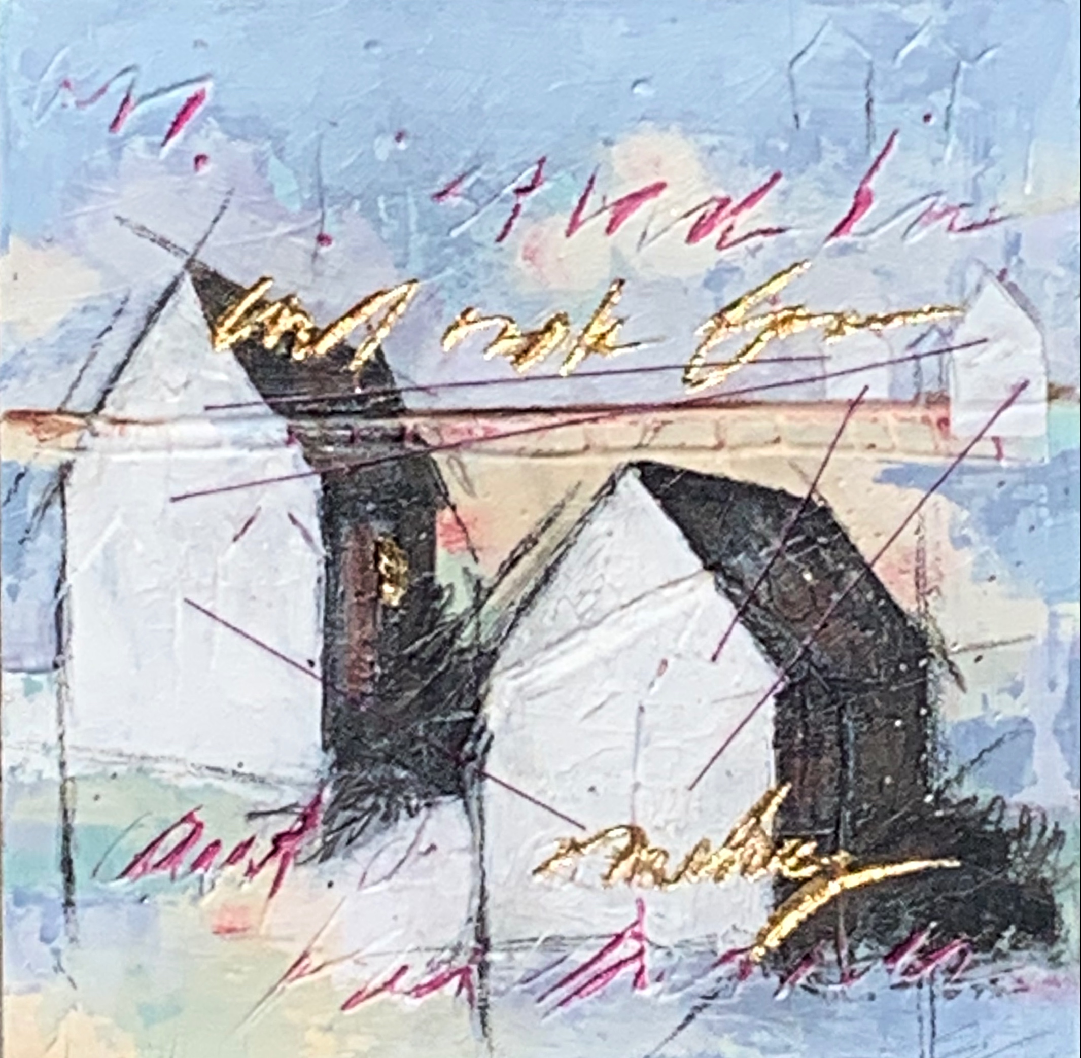 Pretty Little Houses I, mixed media painting by Sonya Iwasiuk | Effusion Art Gallery + Cast Glass Studio, Invermere BC
