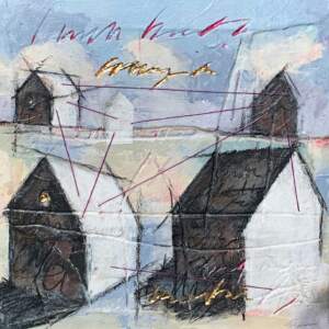 Pretty Little Houses II, mixed media painting by Sonya Iwasiuk | Effusion Art Gallery + Cast Glass Studio, Invermere BC