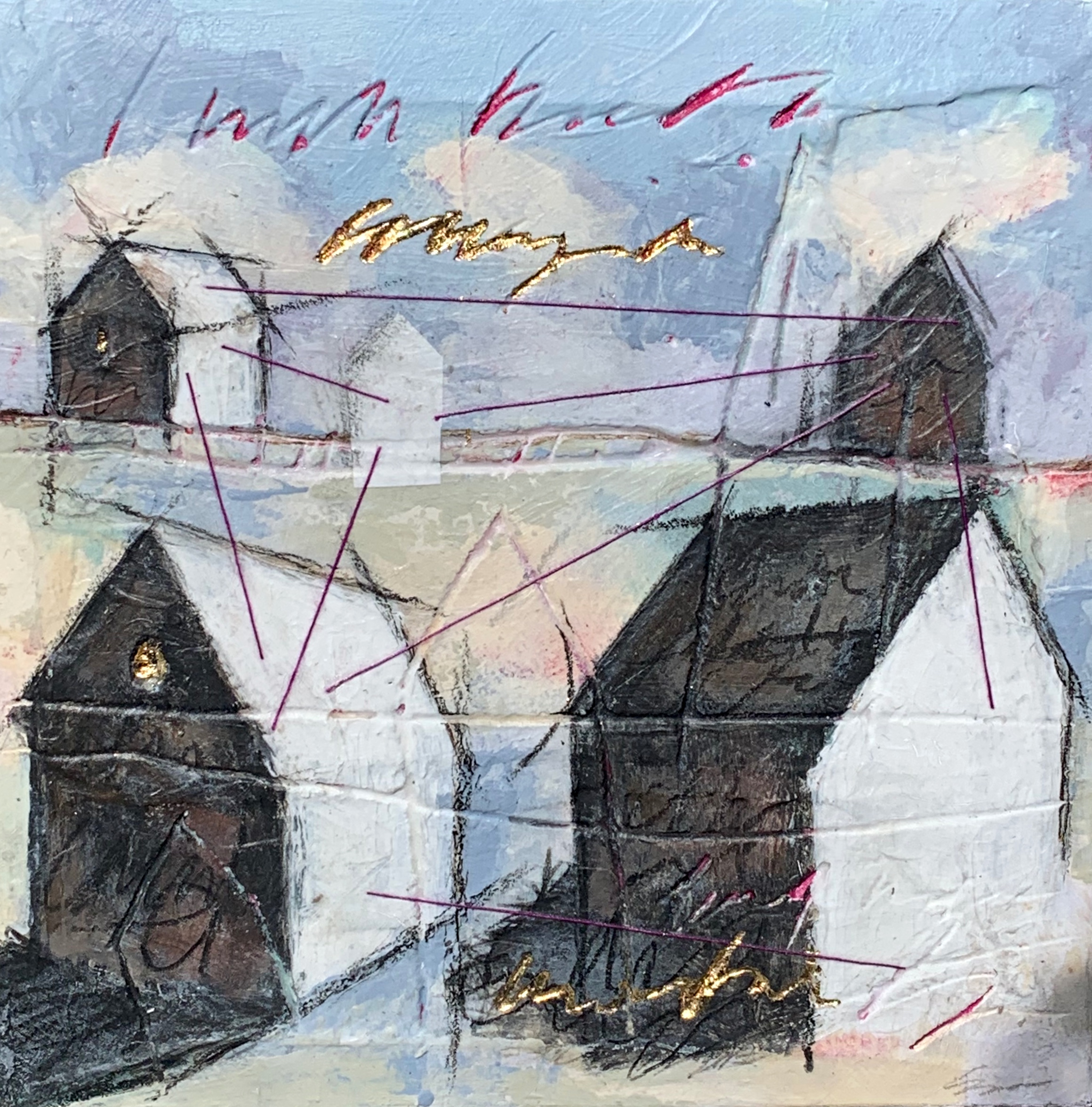 Pretty Little Houses II, mixed media painting by Sonya Iwasiuk | Effusion Art Gallery + Cast Glass Studio, Invermere BC