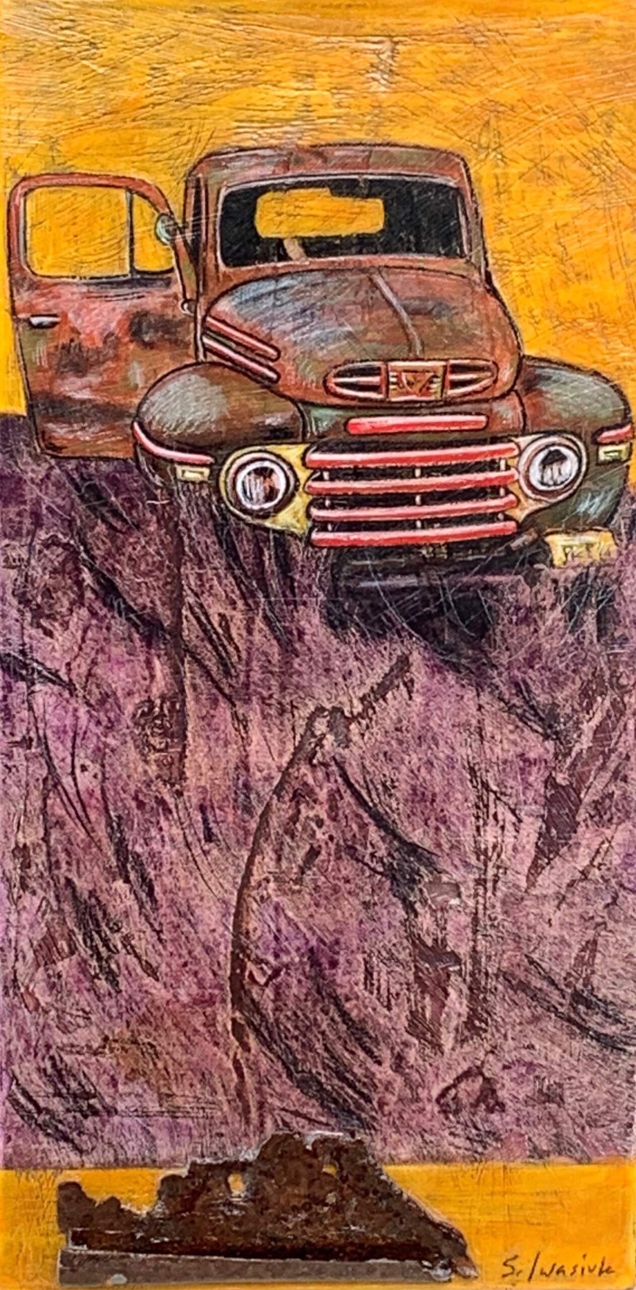 Truck with Yellow Sky, mixed media classic car painting by Sonya Iwasiuk | Effusion Art Gallery + Cast Glass Studio, Invermere BC