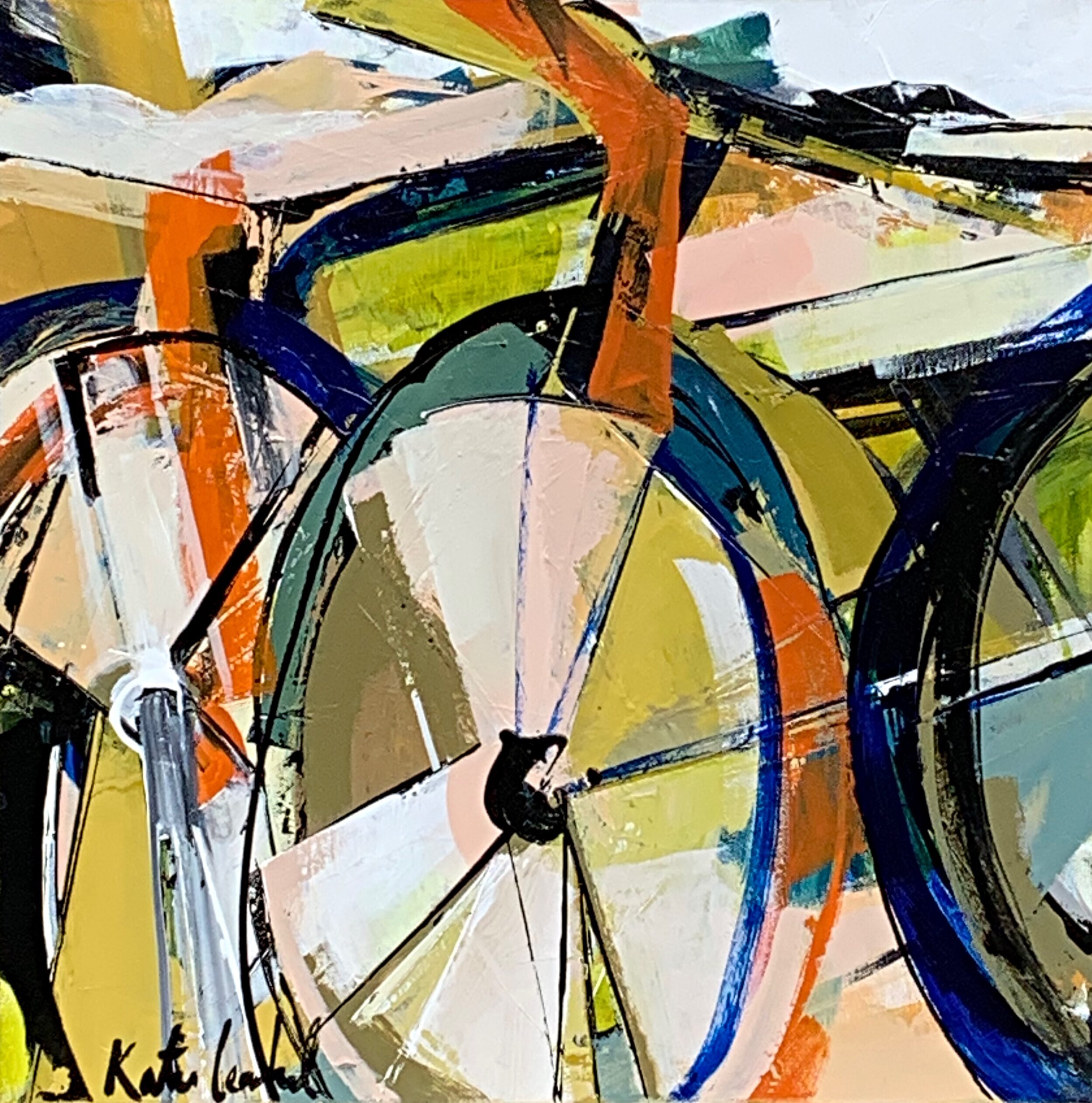 Contigo, acrylic bike painting by Katie Leahul | Effusion Art Gallery + Cast Glass Studio, Invermere BC