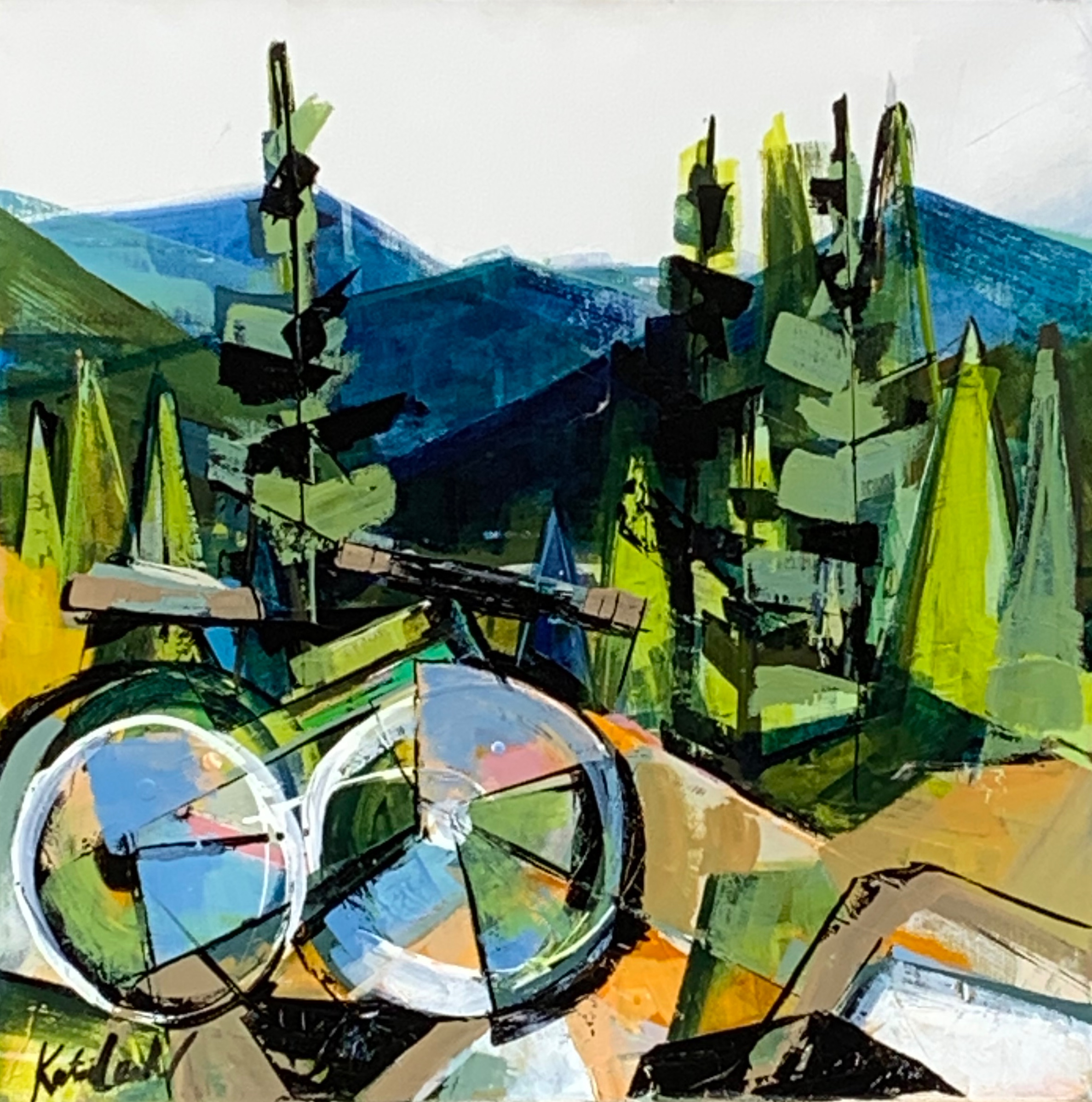 Koots Courage, acrylic landscape and bike painting by Katie Leahul | Effusion Art Gallery + Cast Glass Studio, Invermere BC