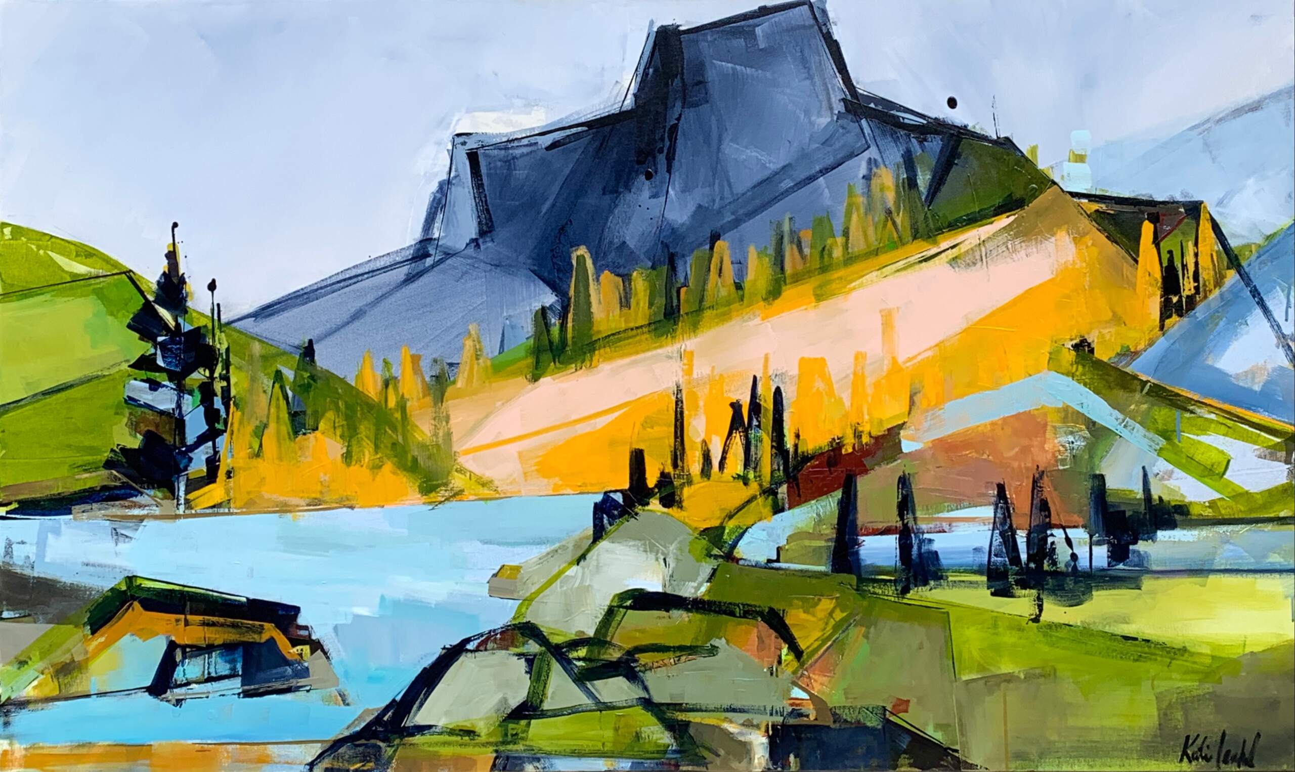 Ralph Lake Ribbons, acrylic landscape painting by Katie Leahul | Effusion Art Gallery + Cast Glass Studio, Invermere BC