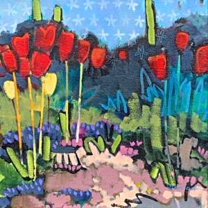 Tulips in Red, acrylic painting by Eleanor Lowden | Effusion Art Gallery + Cast Glass Studio, Invermere BC