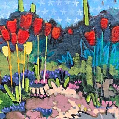 Tulips in Red, acrylic painting by Eleanor Lowden | Effusion Art Gallery + Cast Glass Studio, Invermere BC