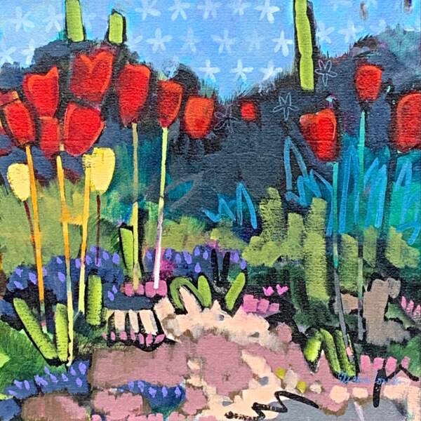 Tulips in Red, acrylic painting by Eleanor Lowden | Effusion Art Gallery + Cast Glass Studio, Invermere BC