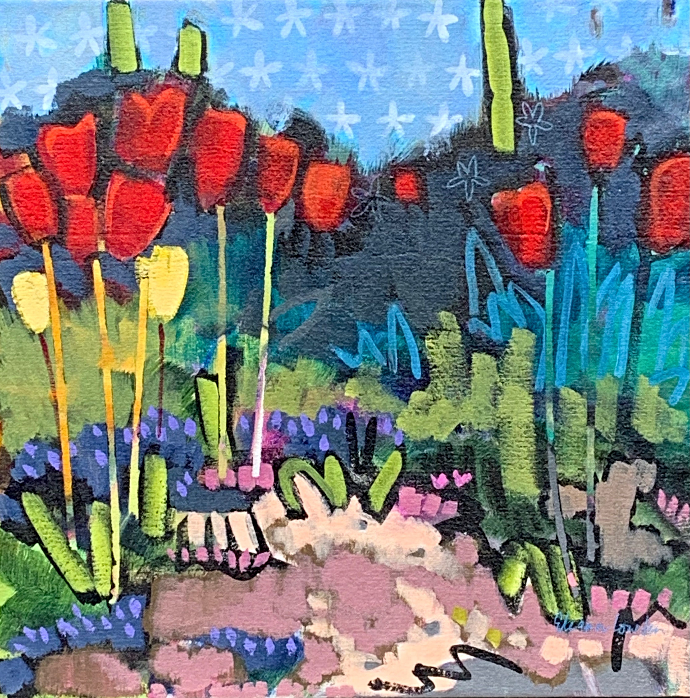 Tulips in Red, acrylic painting by Eleanor Lowden | Effusion Art Gallery + Cast Glass Studio, Invermere BC