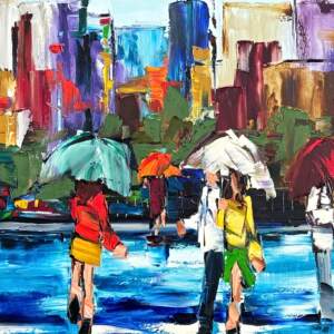 Every Shade of Blue, original rainy cityscape painting by Canadian artist Kimberly Kiel at Effusion Art Gallery in Invermere, BC.