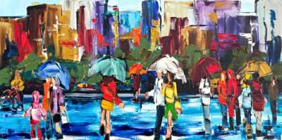 Every Shade of Blue, original rainy cityscape painting by Canadian artist Kimberly Kiel at Effusion Art Gallery in Invermere, BC.