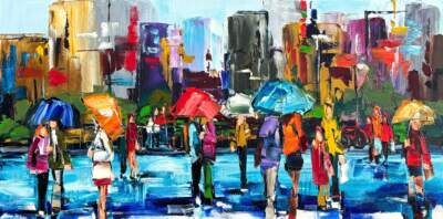 Steady as She Goes, original rainy cityscape painting by Canadian artist Kimberly Kiel at Effusion Art Gallery in Invermere, BC.