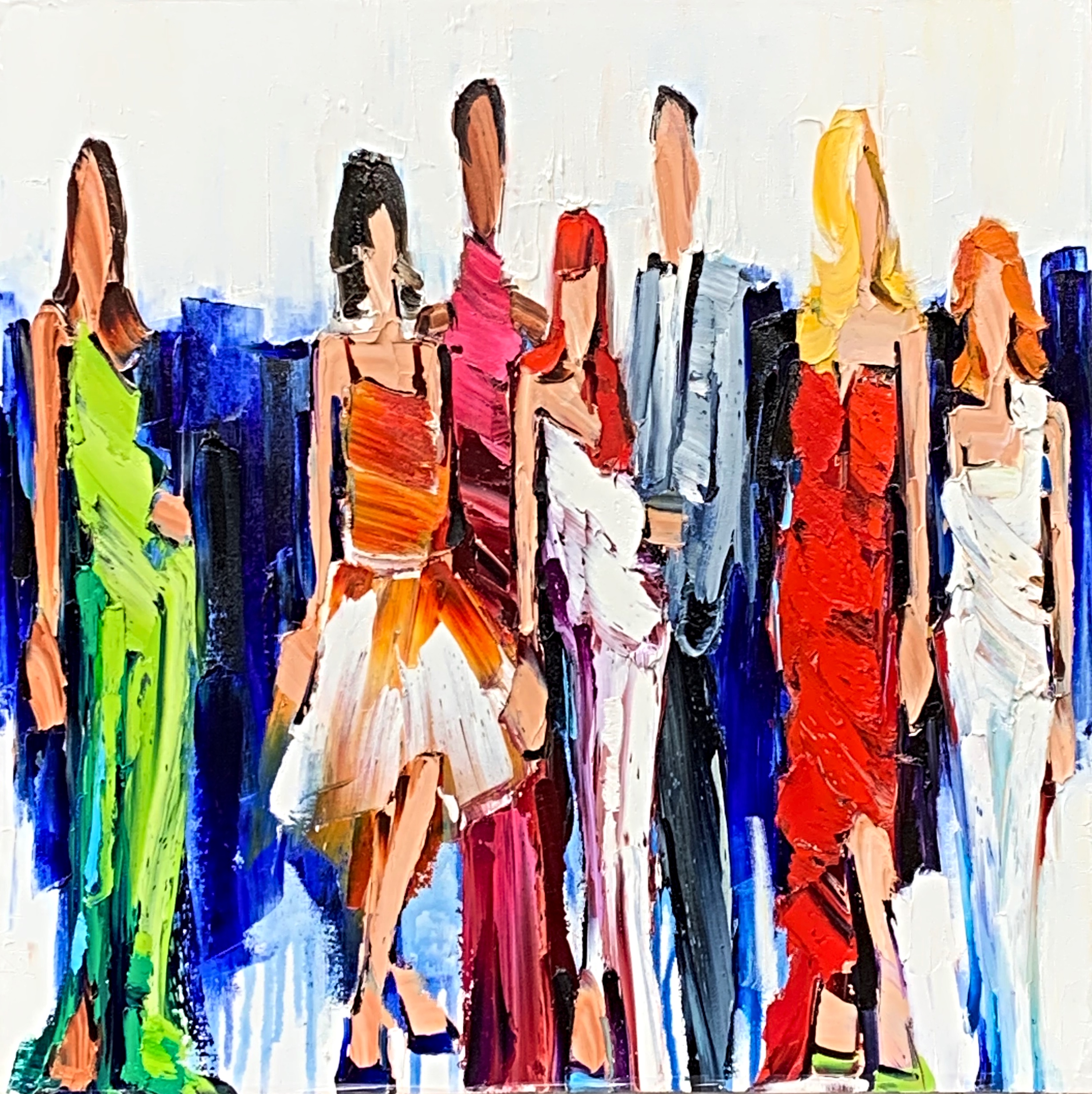 Striking a Pose, mixed media figure painting by Kimberly Kiel | Effusion Art Gallery + Cast Glass Studio, Invermere BC