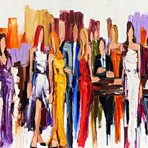 Wonderful World, Beautiful People, mixed media figure painting by Kimberly Kiel | Effusion Art Gallery + Cast Glass Studio, Invermere BC