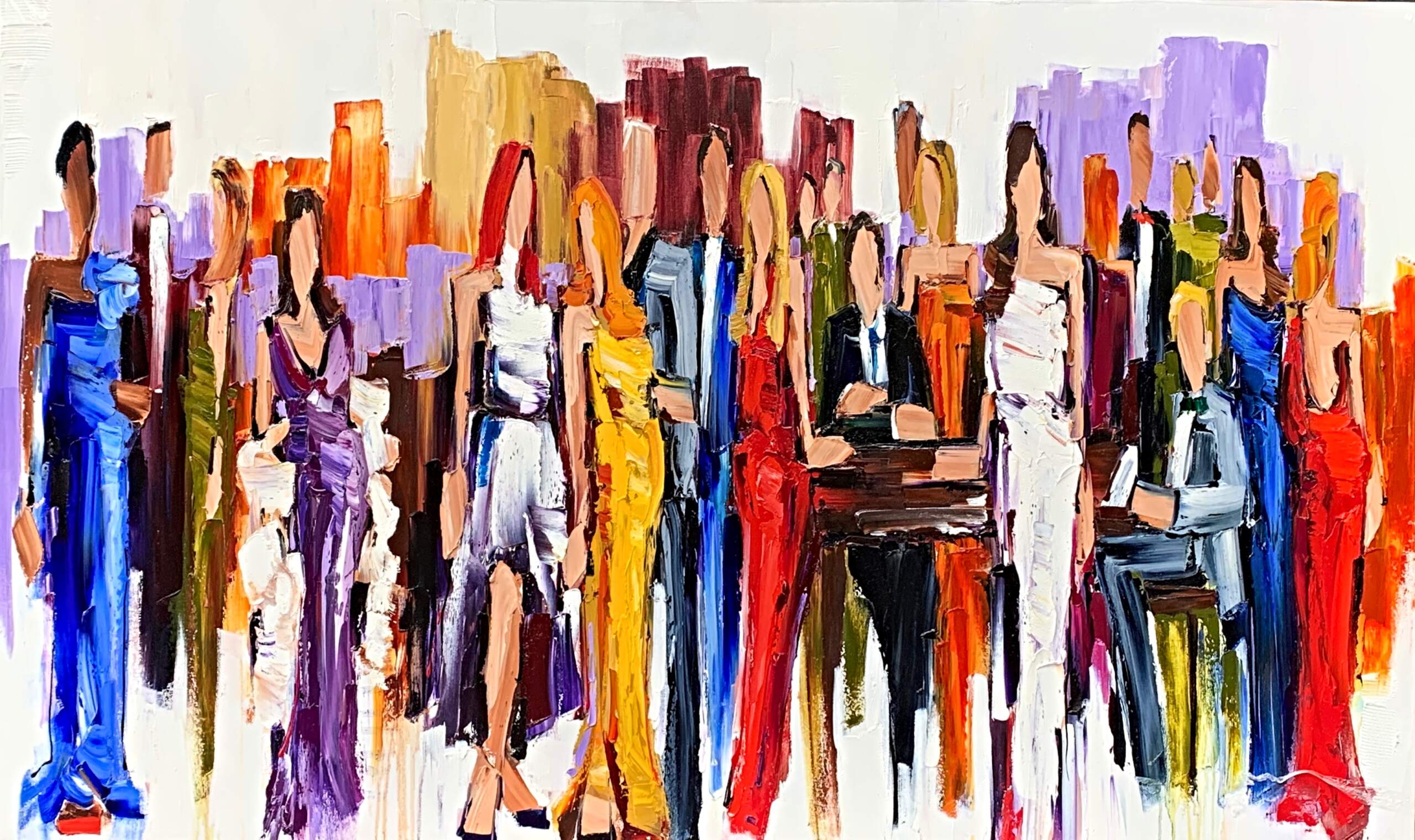 Wonderful World, Beautiful People, mixed media figure painting by Kimberly Kiel | Effusion Art Gallery + Cast Glass Studio, Invermere BC