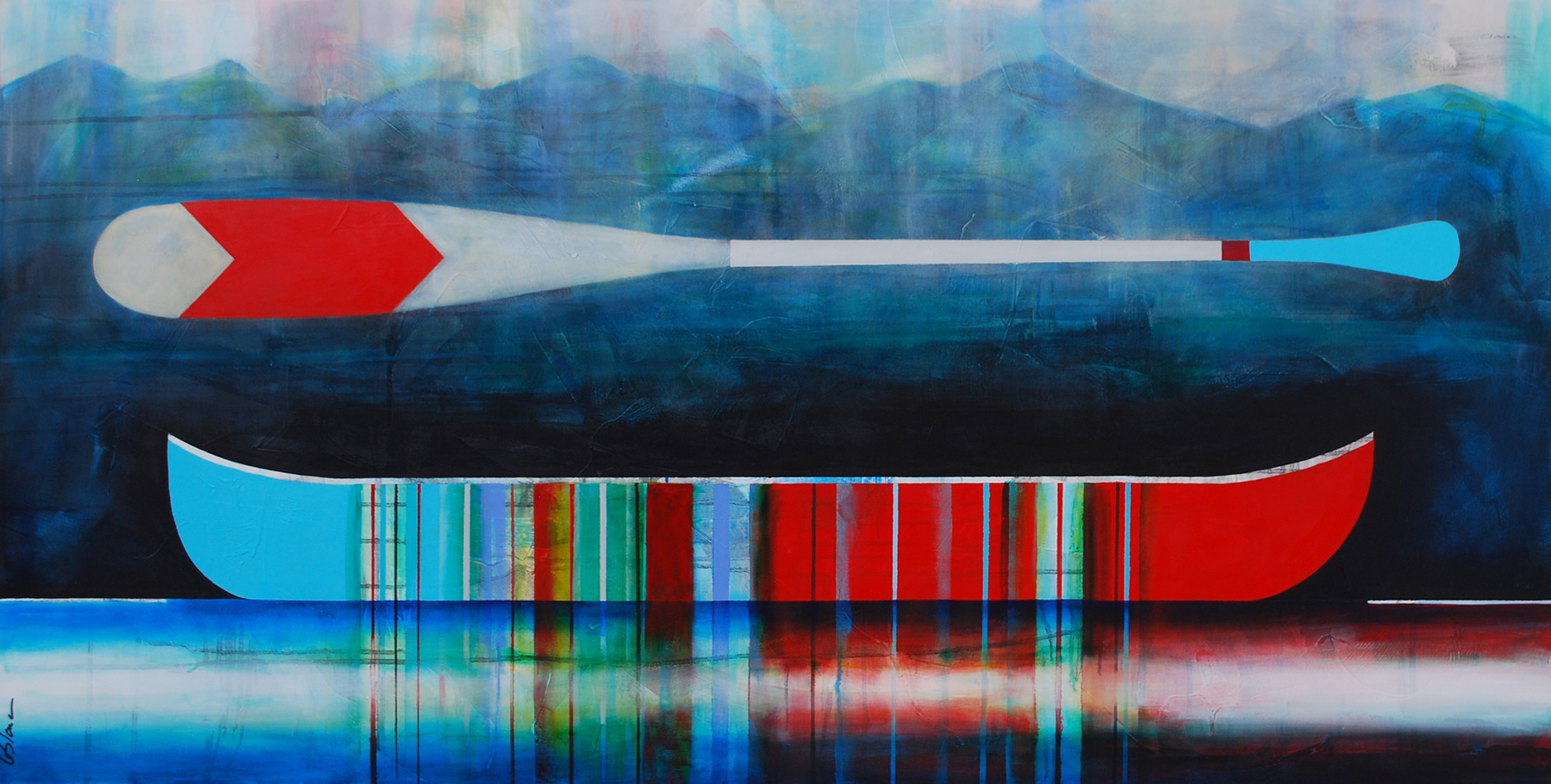 Douce brume matinale, mixed media canoe painting by Sylvain Leblanc | Effusion Art Gallery + Cast Glass Studio, Invermere BC
