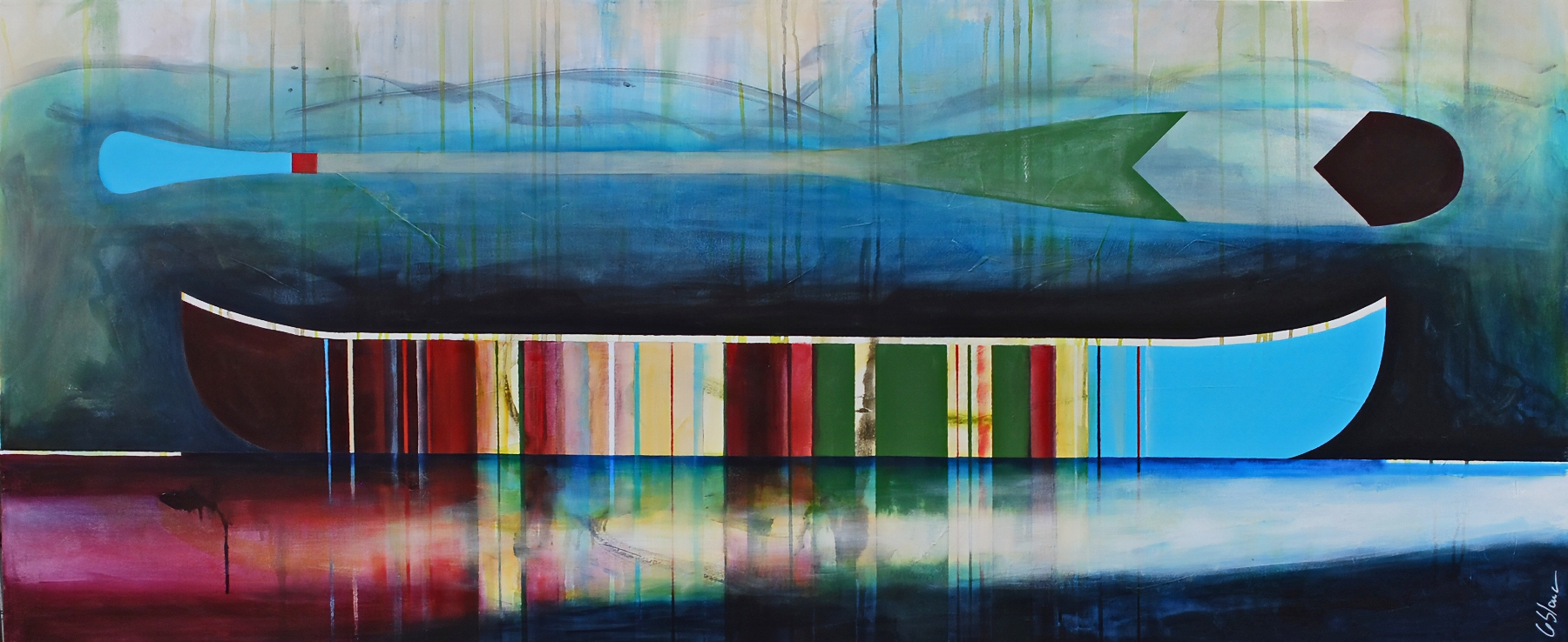 Juste comme ça, mixed media canoe painting by Sylvain Leblanc | Effusion Art Gallery + Cast Glass Studio, Invermere BC