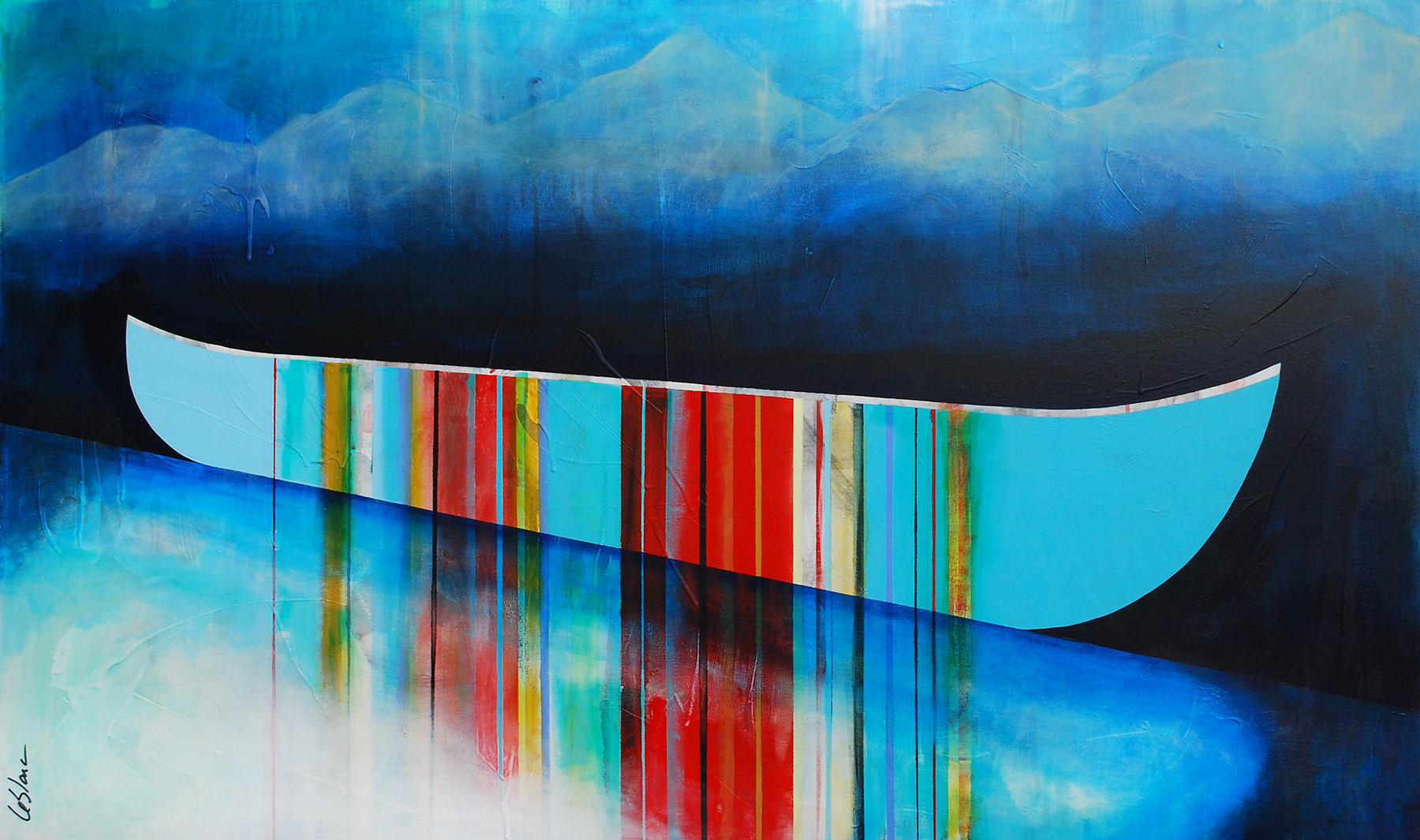 Ne pas outlier nos racines, mixed media canoe painting by Sylvain Leblanc | Effusion Art Gallery + Cast Glass Studio, Invermere BC
