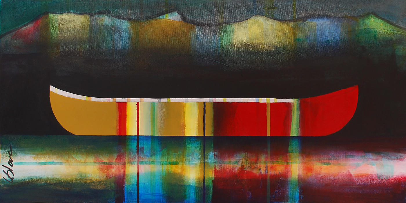 Petite balade, mixed media canoe painting by Sylvain Leblanc | Effusion Art Gallery + Cast Glass Studio, Invermere BC
