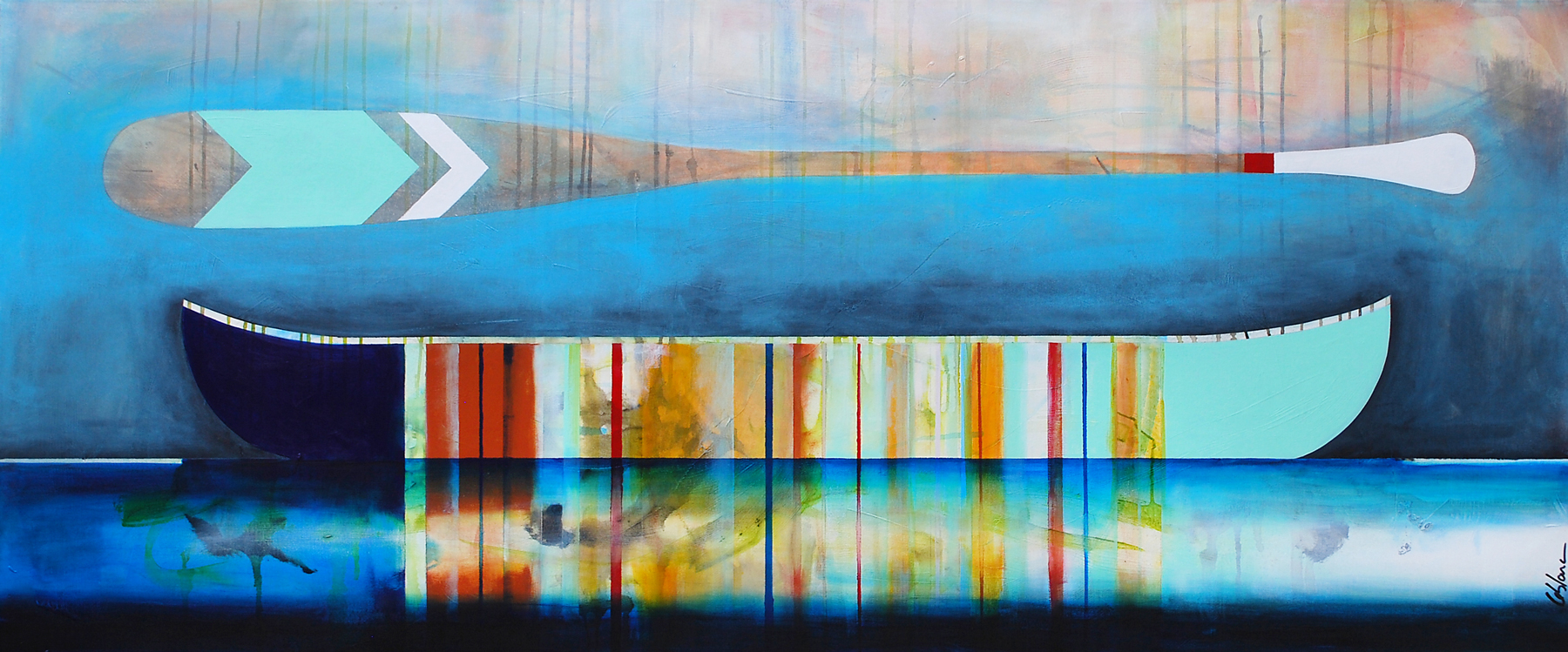 Un goût de poire, mixed media canoe painting by Sylvain Leblanc | Effusion Art Gallery + Cast Glass Studio, Invermere BC