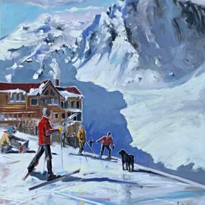 Apprécier le vent dans les montagnes, acrylic ski painting by Robert Roy | Effusion Art Gallery + Cast Glass Studio, Invermere BC