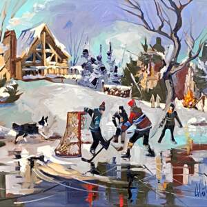 Construire la réalité, acrylic hockey painting by Robert Roy | Effusion Art Gallery + Cast Glass Studio, Invermere BC