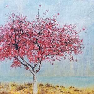 Crimson Queen, mixed media tree painting by Lori Bagneres | Effusion Art Gallery + Cast Glass Studio, Invermere BC
