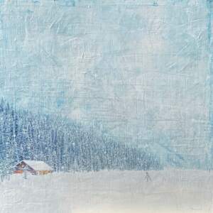 La Cabana de Louise - Louise's Cabin, mixed media winter landscape painting by Lori Bagneres | Effusion Art Gallery + Cast Glass Studio, Invermere BC