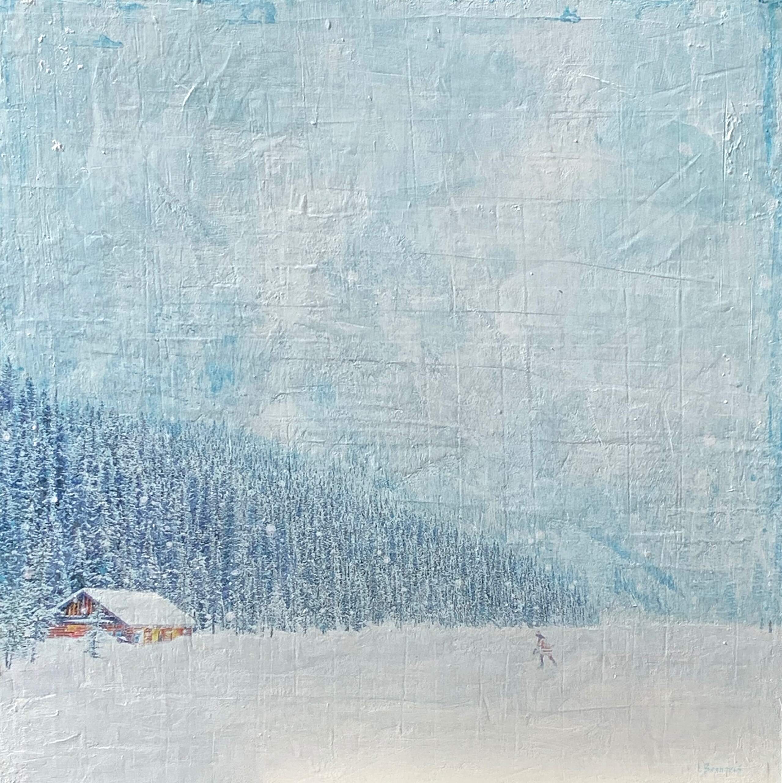 La Cabana de Louise - Louise's Cabin, mixed media winter landscape painting by Lori Bagneres | Effusion Art Gallery + Cast Glass Studio, Invermere BC
