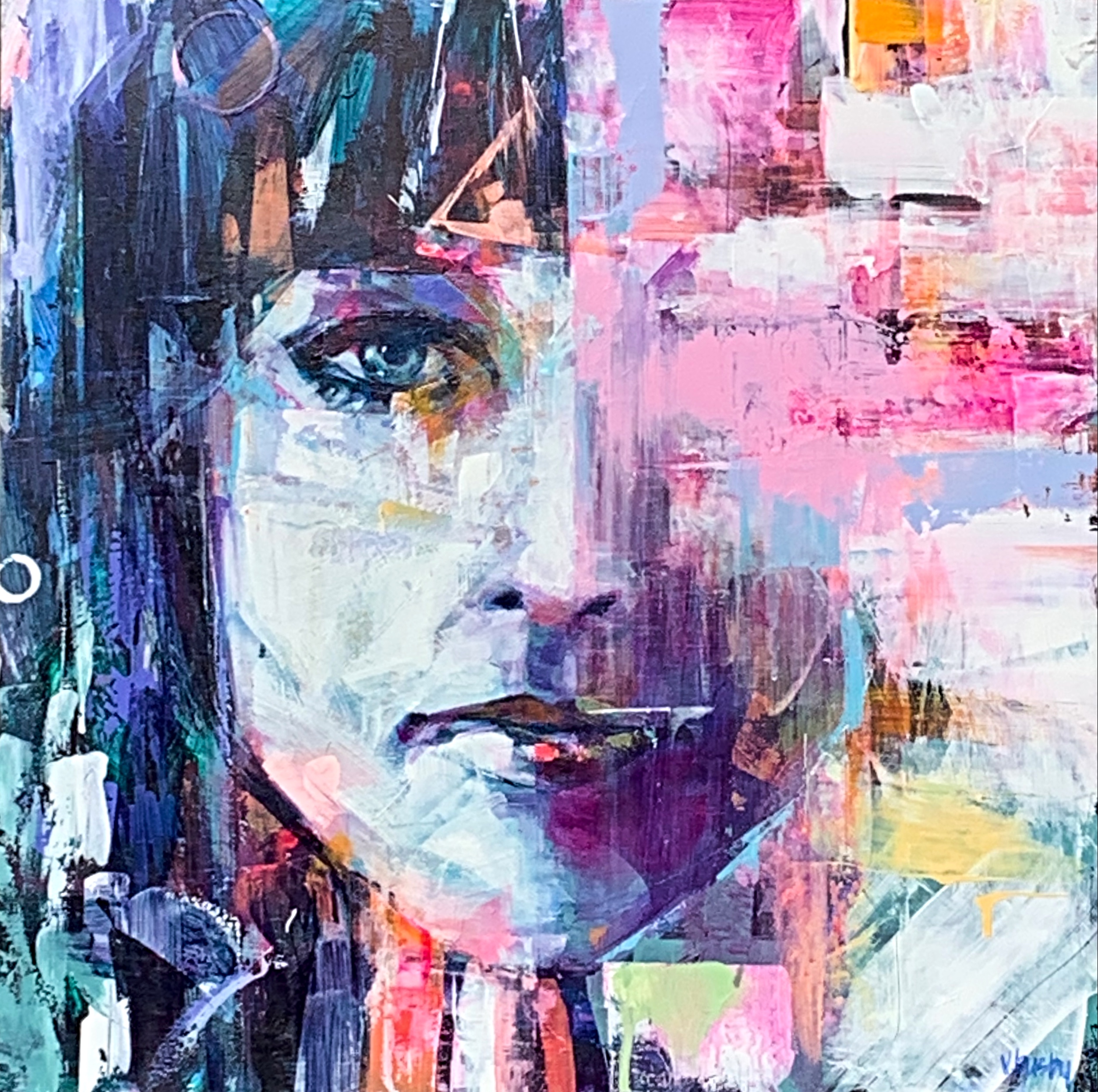 Grace Slick - Woodstock '69, acrylic musician painting by Verne Busby | Effusion Art Gallery + Cast Glass Studio, Invermere BC