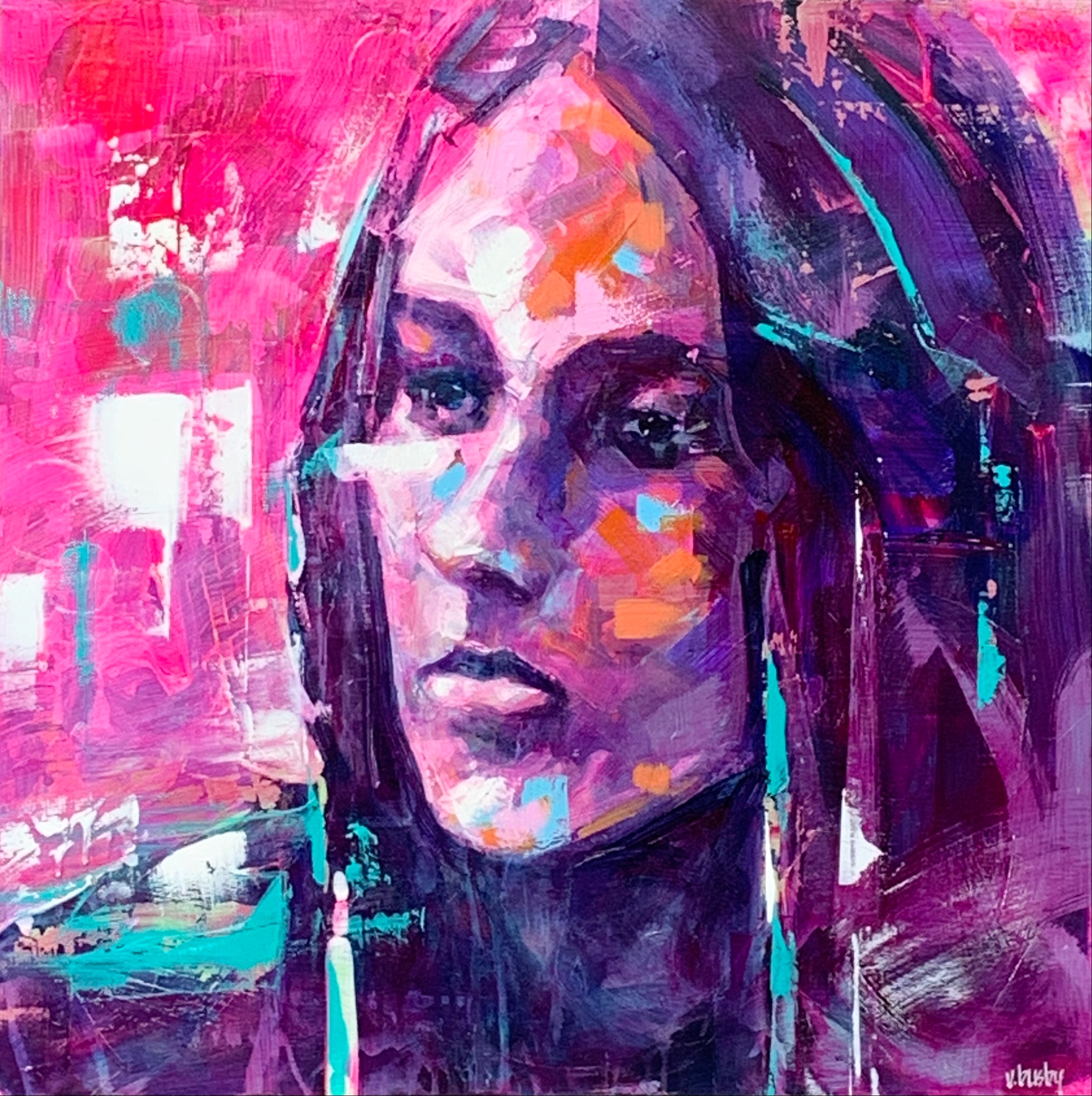 Joan Baez - Woodstock '69, acrylic musician painting by Verne Busby | Effusion Art Gallery + Cast Glass Studio, Invermere BC