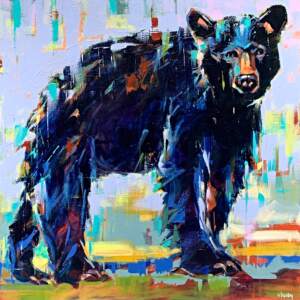 Zac's New Hiking Friend, acrylic bear painting by Verne Busby | Effusion Art Gallery + Cast Glass Studio, Invermere BC