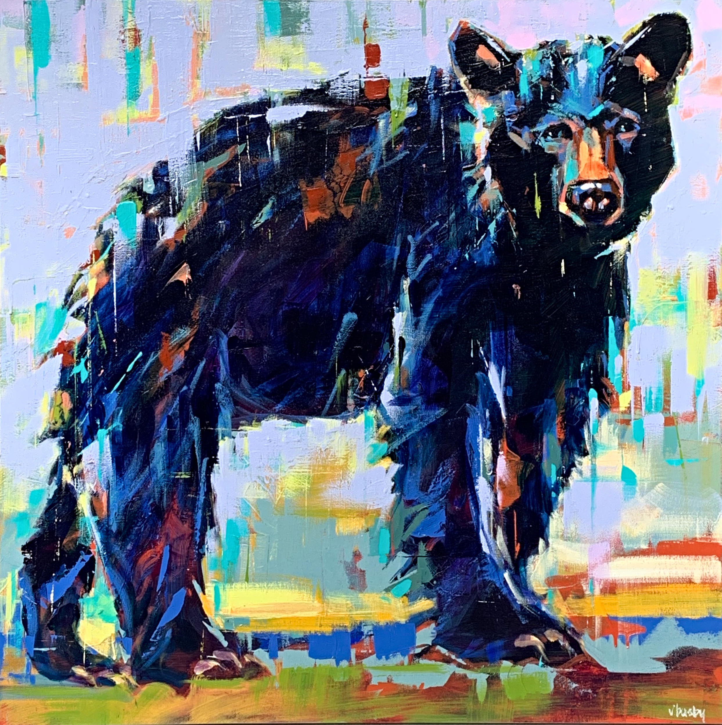 Zac's New Hiking Friend, acrylic bear painting by Verne Busby | Effusion Art Gallery + Cast Glass Studio, Invermere BC