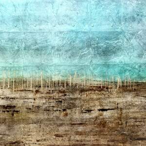 Mixed media abstract landscape painting with gold, green, bronze, and blue by David Graff.