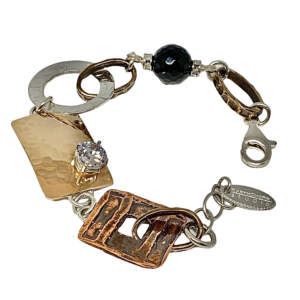 Handmade sterling silver, bronze, copper CZ, + onyx bracelet by Karyn Chopik | Effusion Art Gallery + Cast Glass Studio, Invermere BC