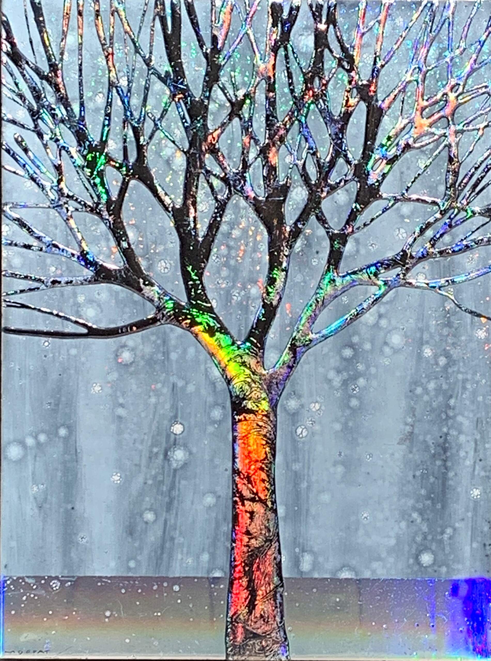 Winter Glow 2, mixed media tree painting by Sarah Moffat | Effusion Art Gallery + Cast Glass Studio, Invermere BC