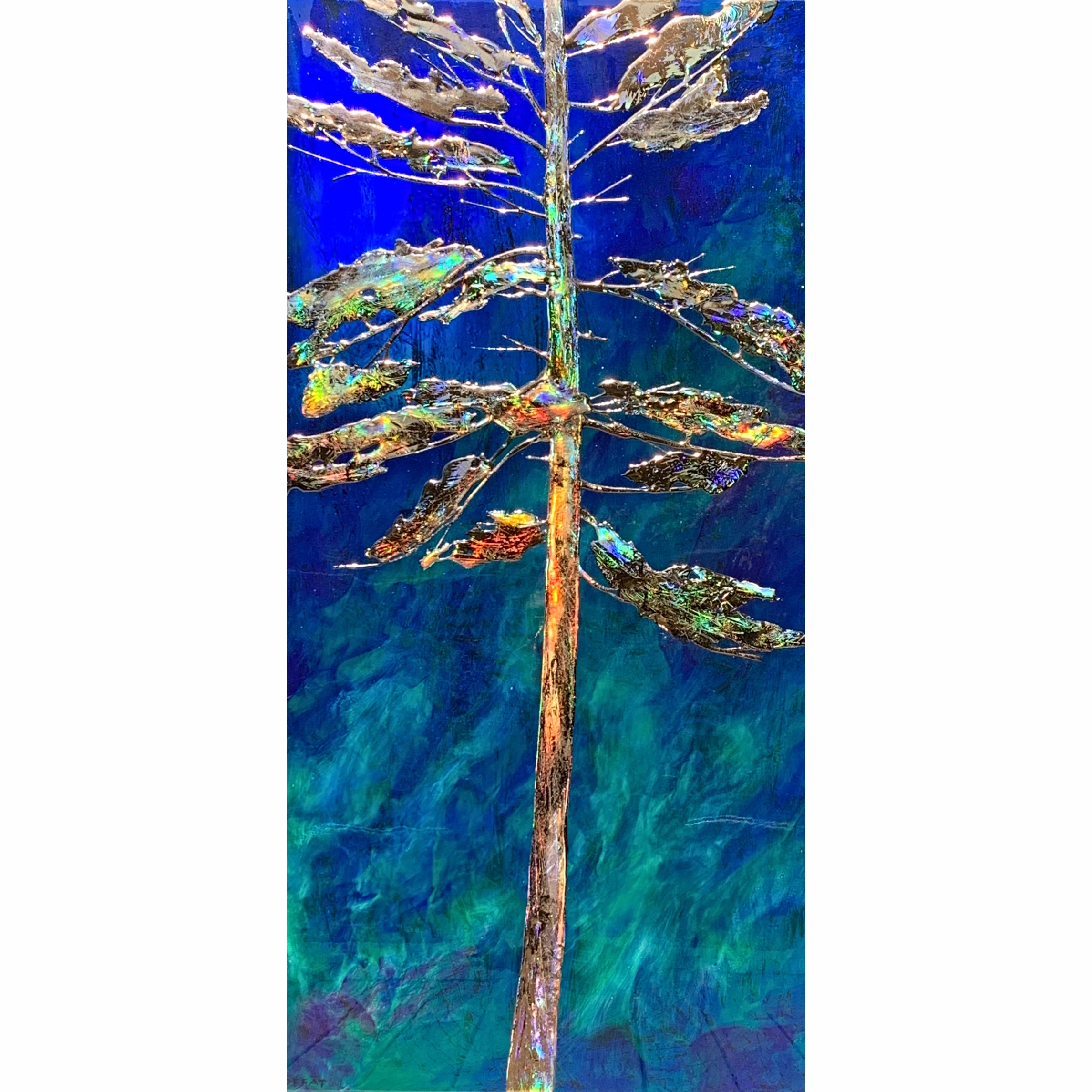 Northern Skies 1, mixed media Northern Lights + tree painting by Sarah Moffat | Effusion Art Gallery + Cast Glass Studio, Invermere BC