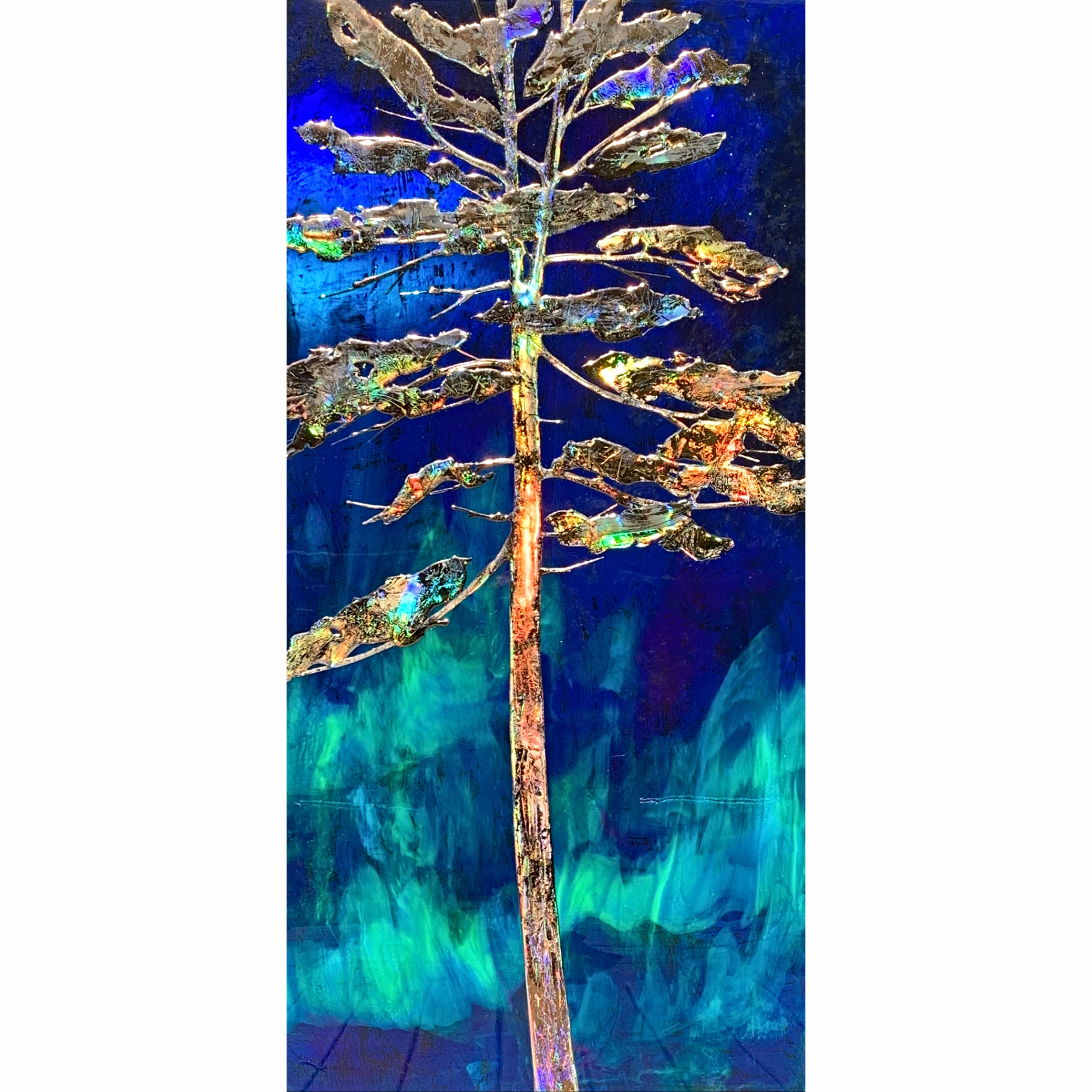 Northern Skies 2, mixed media Northern Lights + tree painting by Sarah Moffat | Effusion Art Gallery + Cast Glass Studio, Invermere BC