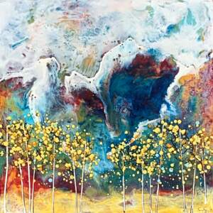 Original encaustic autumn mountain landscape painting by Catharine Clarke.