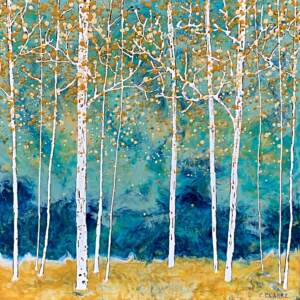 Original encaustic painting of golden autumn birch trees on a turquoise and blue background by Catharine Clarke.
