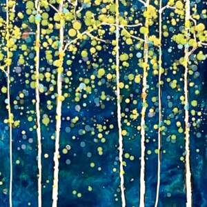 Original encaustic painting of golden autumn birch trees on a navy blue background by Catharine Clarke.