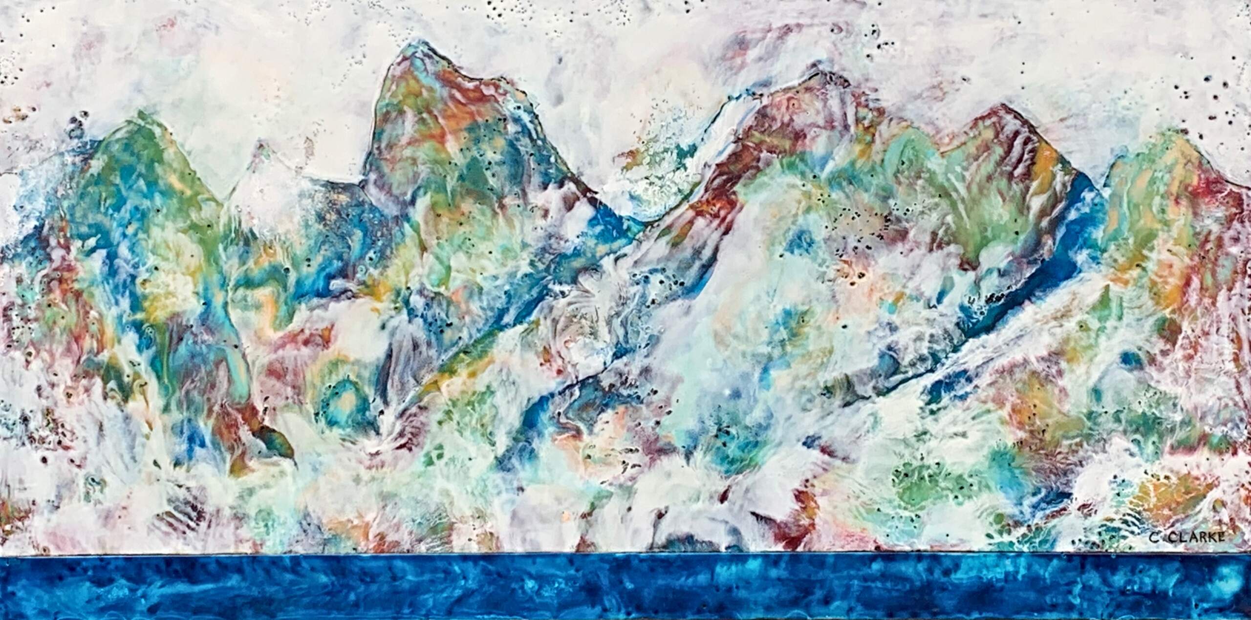Rising Peaks 22208, original encaustic mountain landscape painting by Canadian artist Catharine Clarke at Effusion Art Gallery in Invermere, BC.