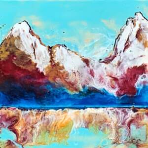 Original encaustic mountain lake landscape painting by Catharine Clarke.