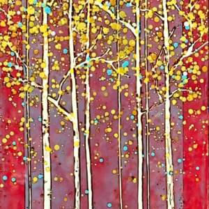 Original encaustic painting of golden autumn birch trees on a red background by Catharine Clarke.